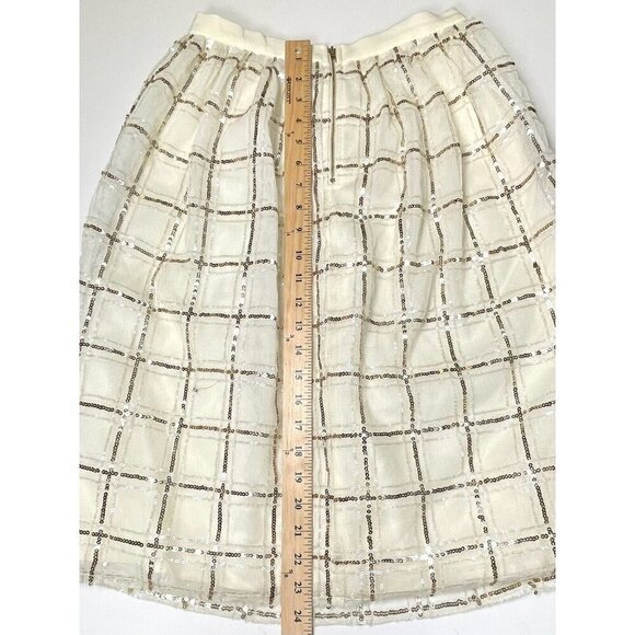 GIANNI BINI Womens XS Ivory Full Tulle Below-Knee SKIRT Gold Check Sequins EUC - Picture 4 of 6